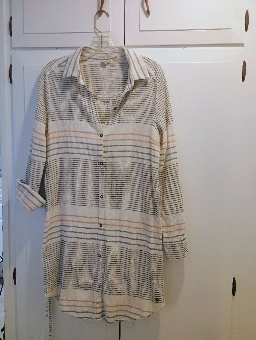 Roxy Striped Button-Front Shirt Dress in Cream and Blue - 100 Cotton - Picture 3 of 7